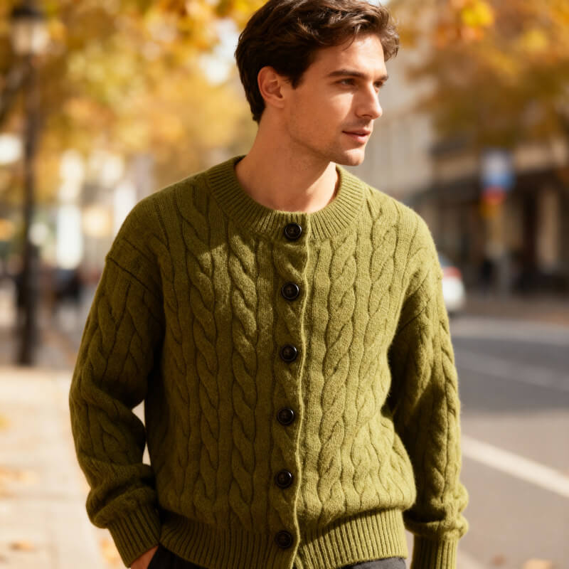 Men's Cable Knit Cardigan Button Up Ribbed Jumper Sweater 13