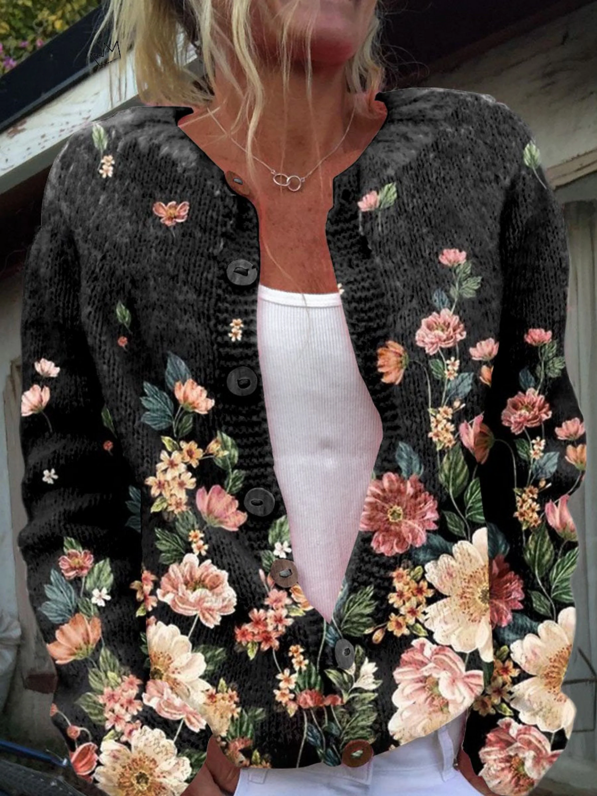 Women's Floral Button Up Cardigan Knit Jumper Sweater 1