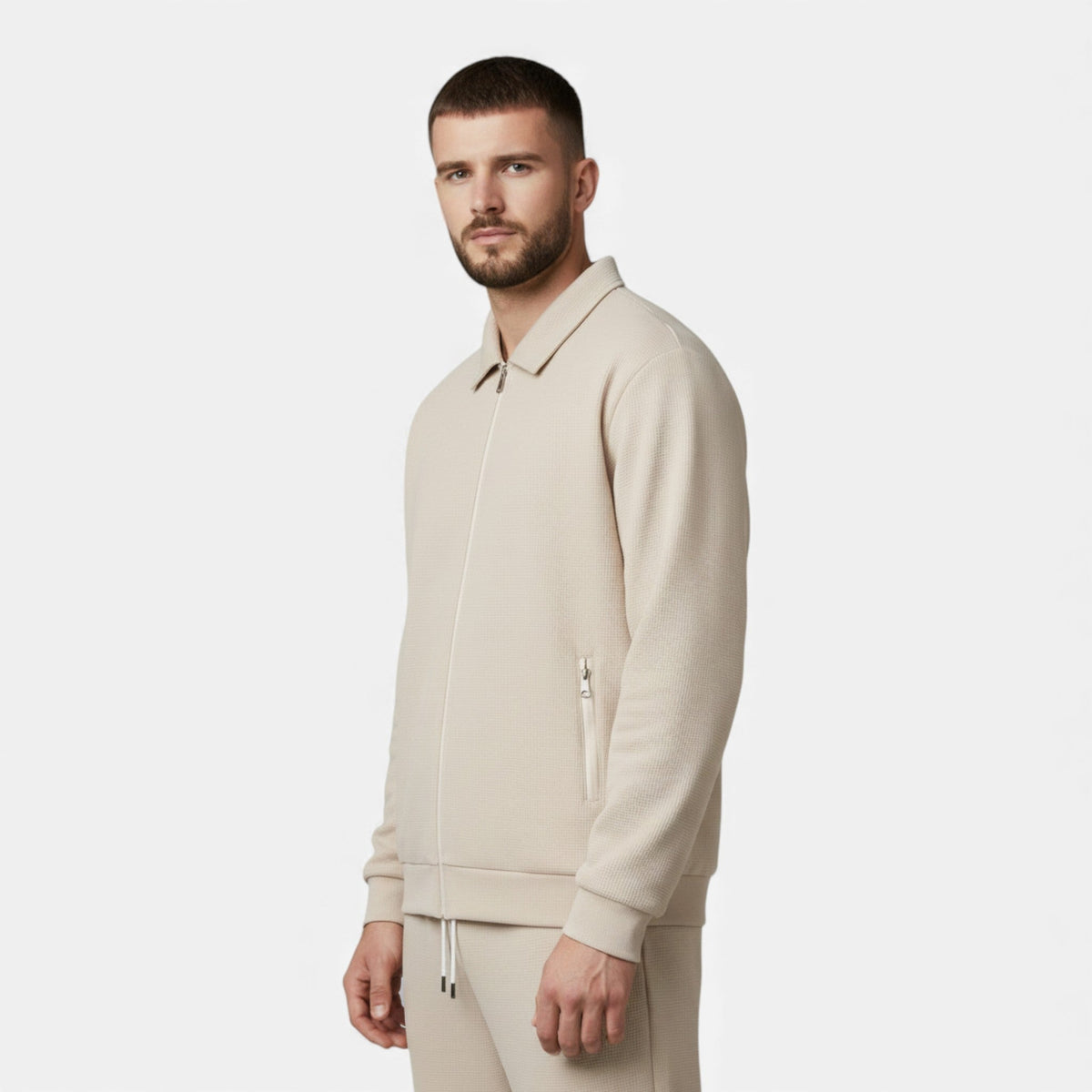 Men's Casual Two Piece Set Waffle Knit Zip Collar with Stretch Fit 10