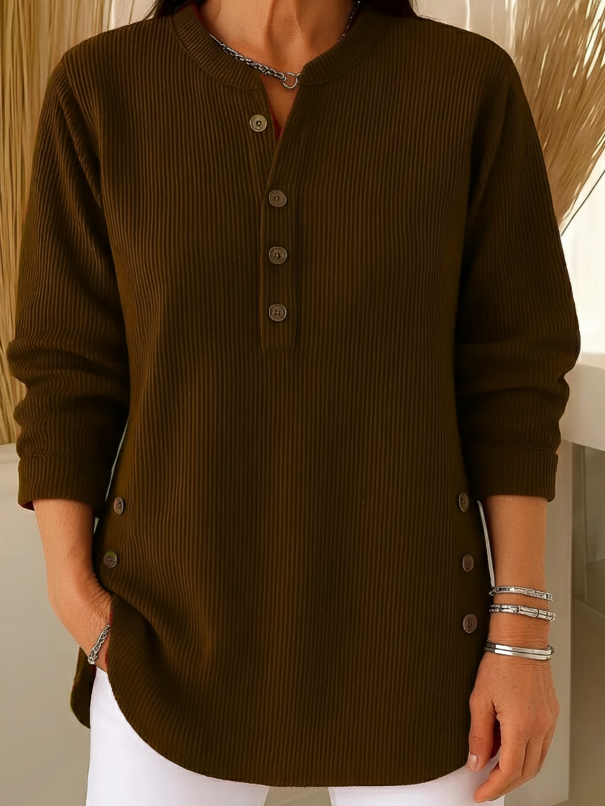 Women's Sweater Button Placket Flowing Cut Long Sleeve with Soft Knit 6