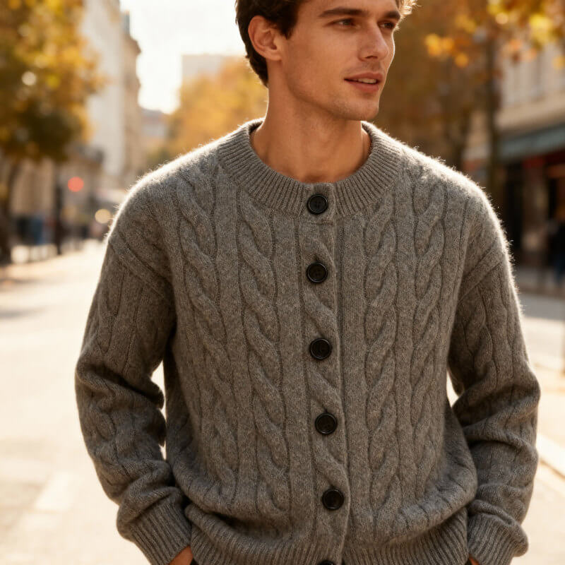 Men's Cable Knit Cardigan Button Up Ribbed Jumper Sweater 4