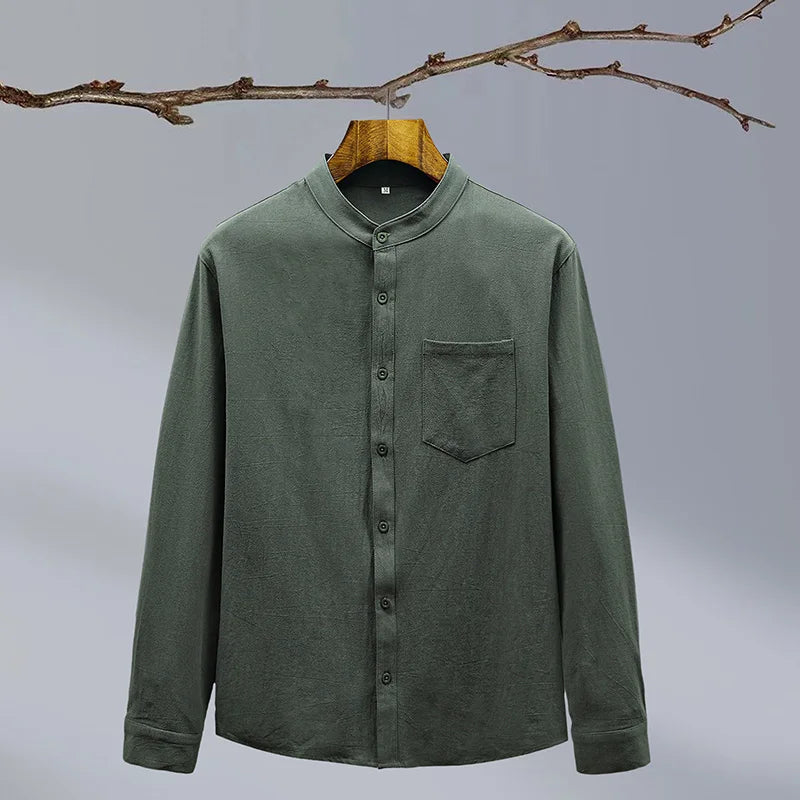 Relaxed Fit Band Collar Shirt for Men – Breathable Casual 1