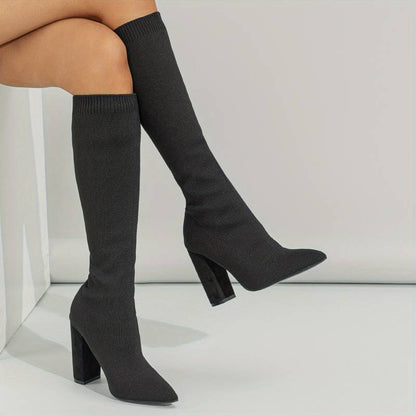 Ribbed Pointed Toe Knee-Length Knitted Sock Boots for Women – Stylish & Comfortable 0