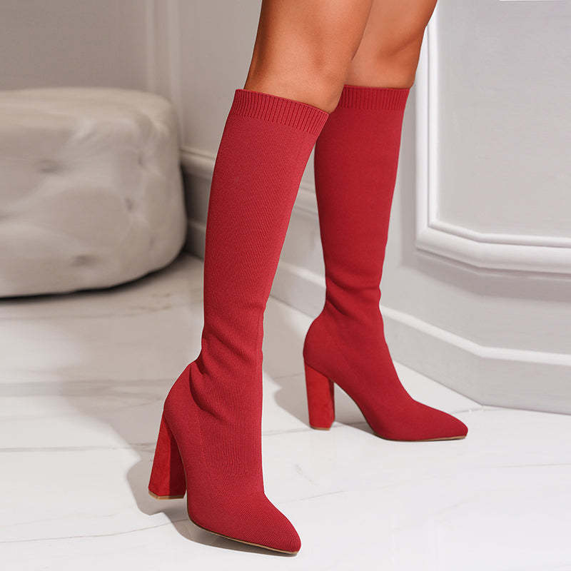 Ribbed Pointed Toe Knee-Length Knitted Sock Boots for Women – Stylish & Comfortable 4