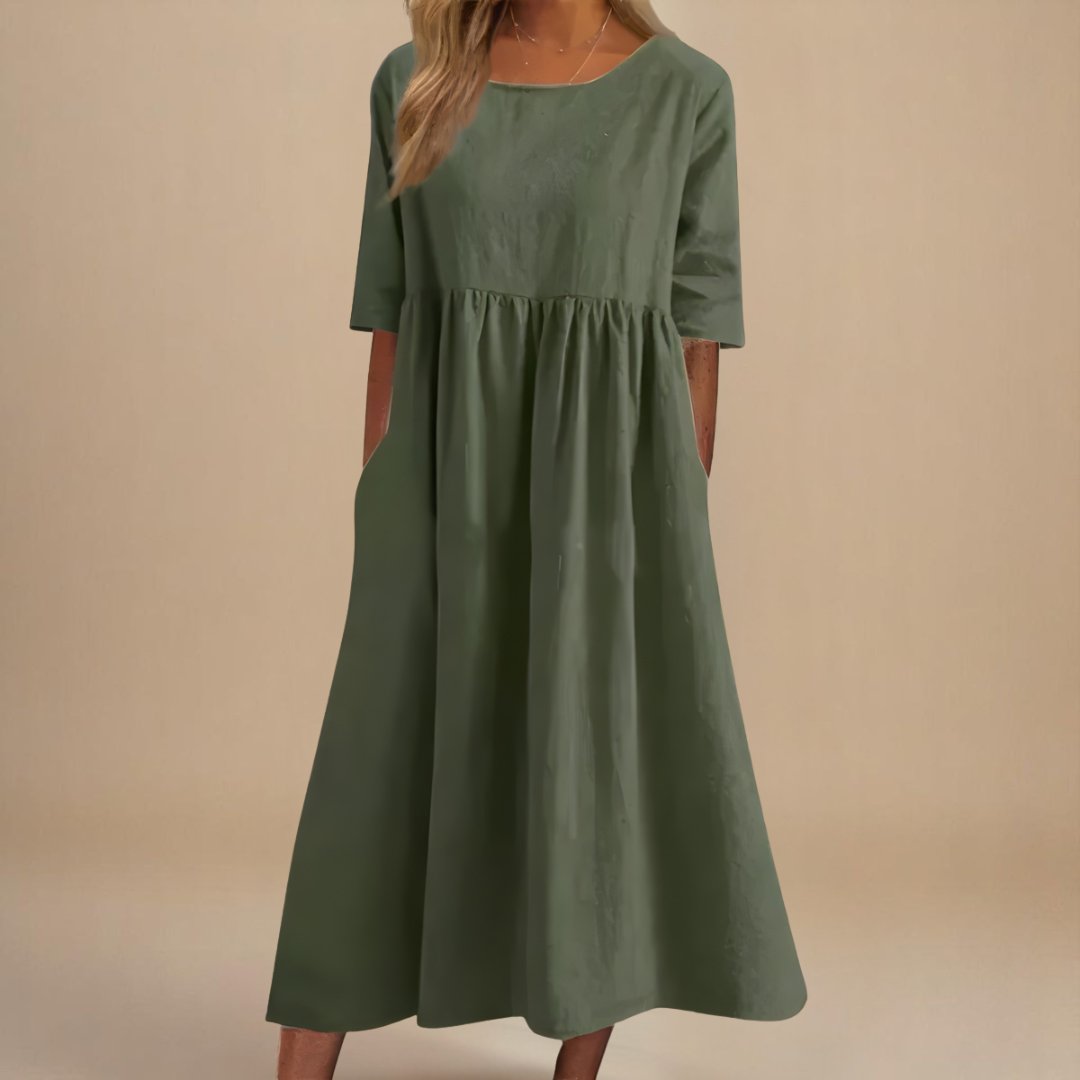 Rosie | Midi Dress Linen Half-Sleeve Gathered Waist Relaxed 0