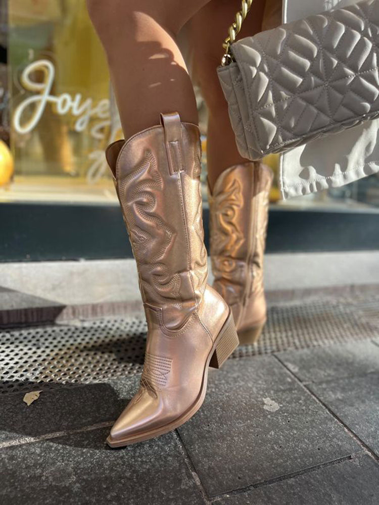 Women's Western Ankle Boots | Metallic Shine & Block Heel 4