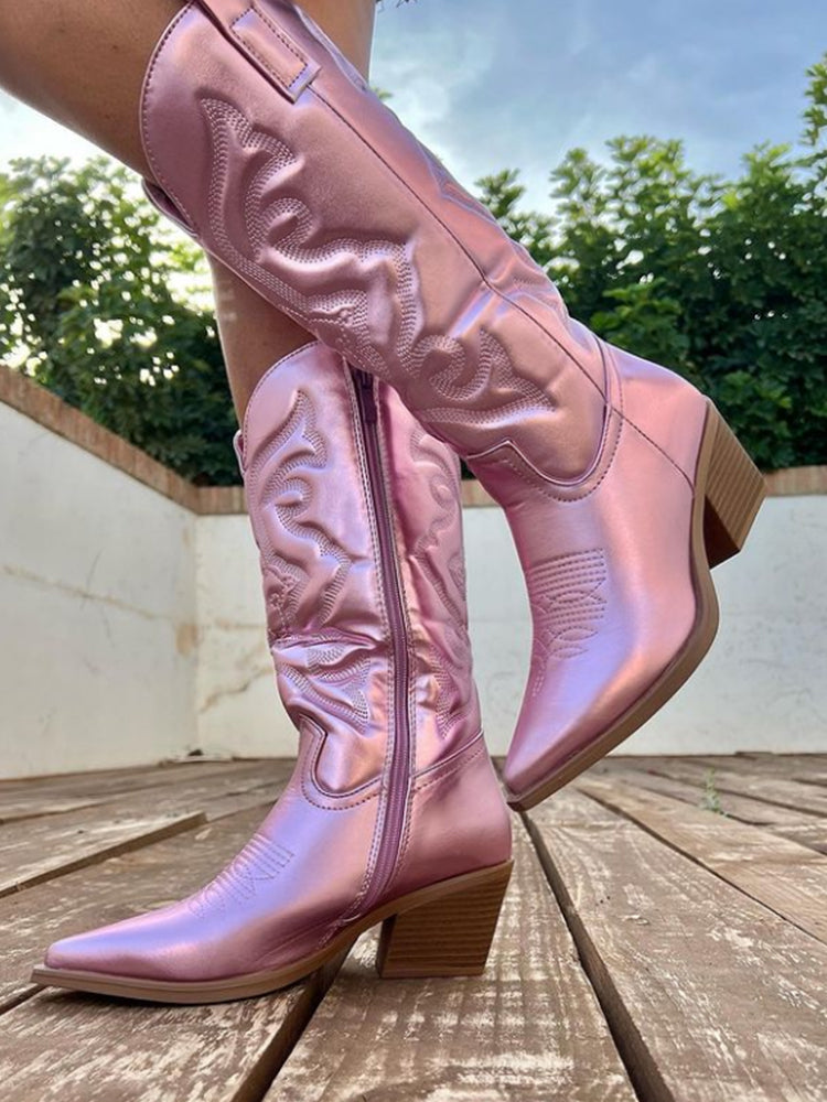 Women's Western Ankle Boots | Metallic Shine & Block Heel 5