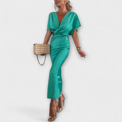 Sable Satin V-Neck Cross Knot Maxi Dress for Events
