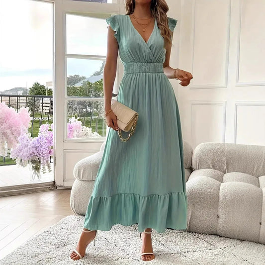 Women's Maxi Dress | V Neck Ruffle Trim