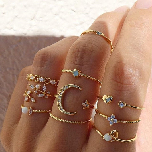Set of 10 Bohemian Silver and Gold Statement Rings for Women