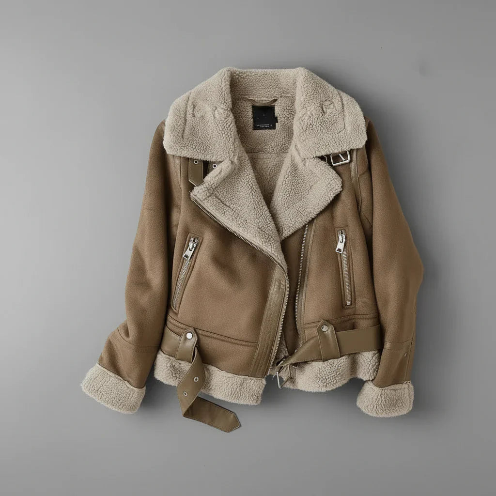 Shearling Biker Jacket for Women - Cozy Sherpa Lining & Stylish Belt