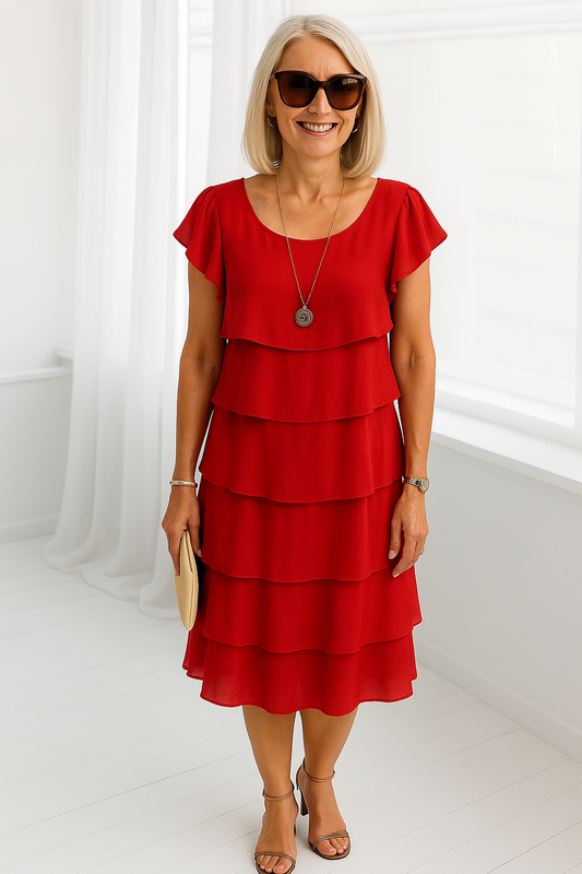 Short Sleeve Midi Dress Women's | Layered Skirt & Feminine Elegance