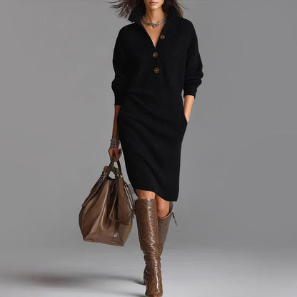 Slim Fit Ribbed Collared Midi-Length Sweater Dress for Women – Cozy & Stylish Design 1