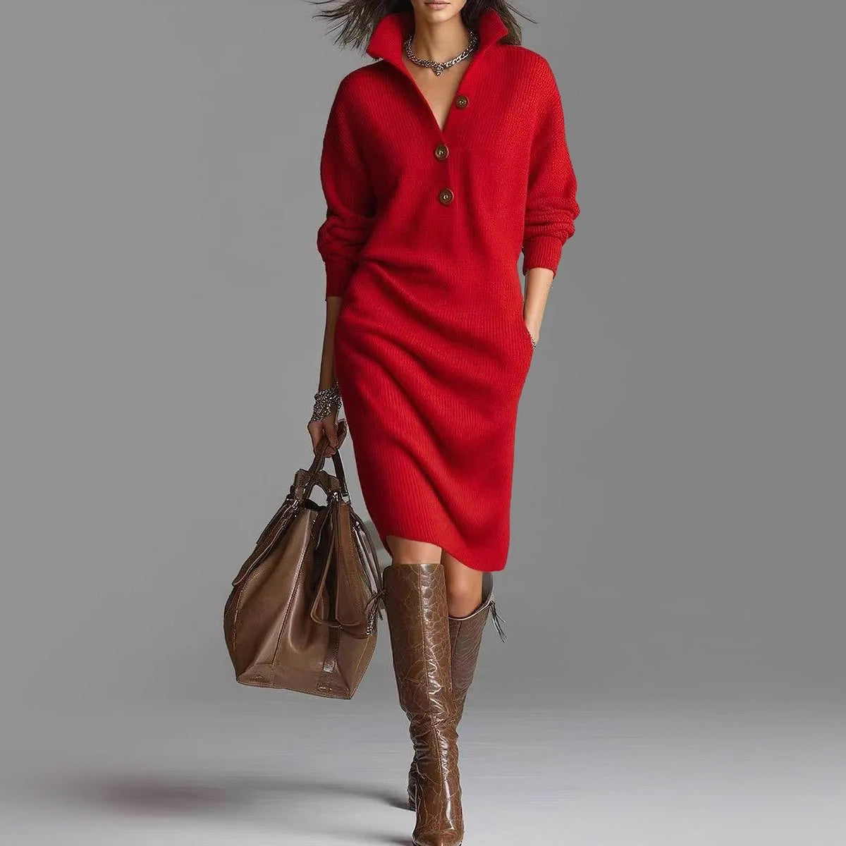 Slim Fit Ribbed Collared Midi-Length Sweater Dress for Women – Cozy & Stylish Design 3