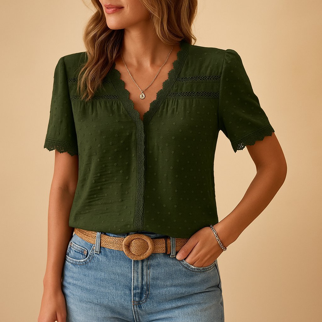 Women's V Neck Top | Lace Trim Textured Dot