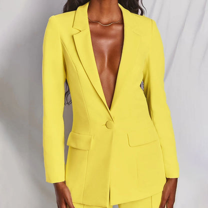 Dames 2-Delig Pak – Elegante Blazer met Wide Leg Pantalon Geel / S - AIDA LENA