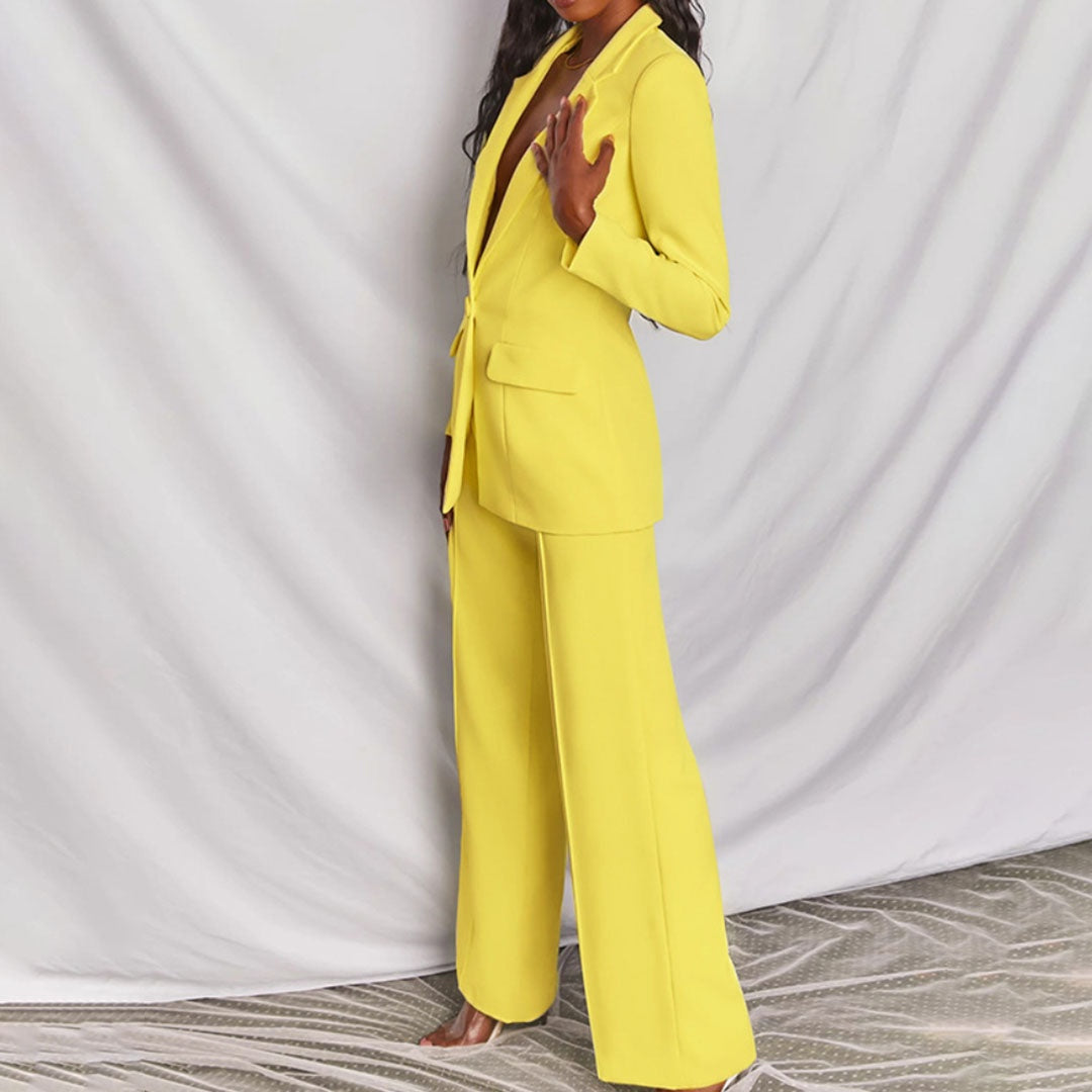 Dames 2-Delig Pak – Elegante Blazer met Wide Leg Pantalon Geel / S - AIDA LENA
