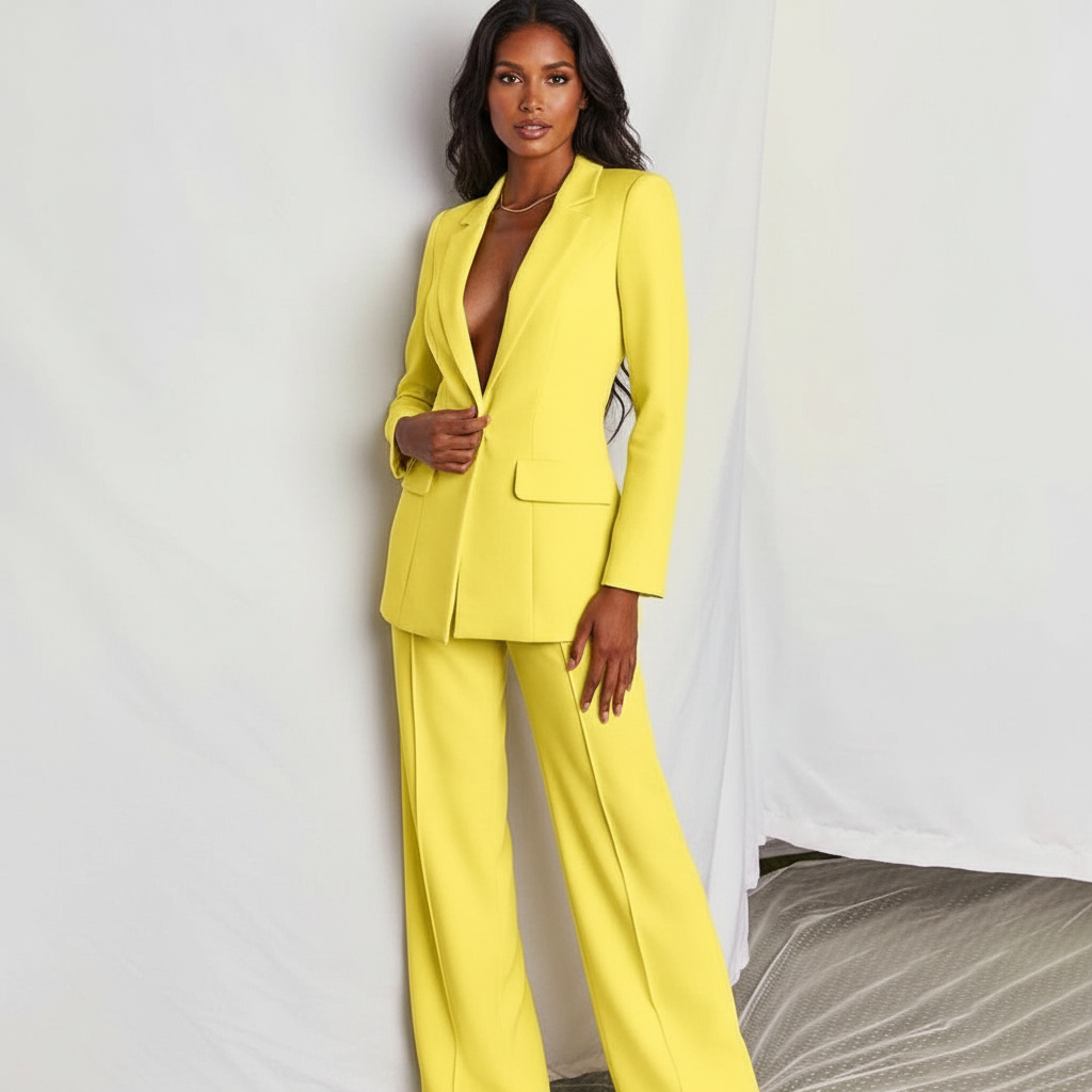 Dames 2-Delig Pak – Elegante Blazer met Wide Leg Pantalon Geel / S - AIDA LENA