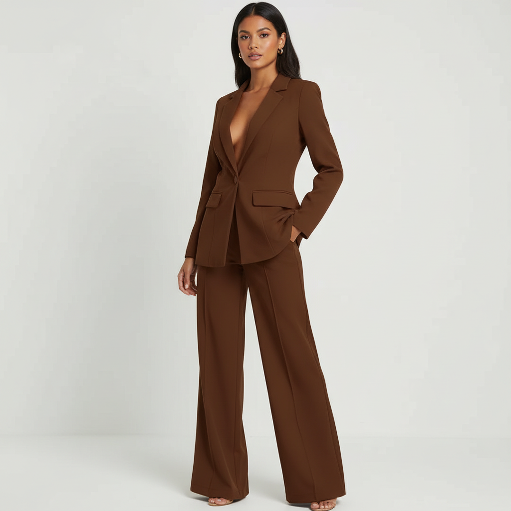 Dames 2-Delig Pak – Elegante Blazer met Wide Leg Pantalon Bruin / S - AIDA LENA