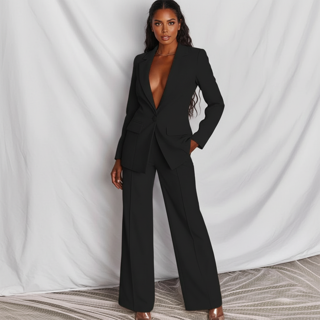 Dames 2-Delig Pak – Elegante Blazer met Wide Leg Pantalon Zwart / S - AIDA LENA
