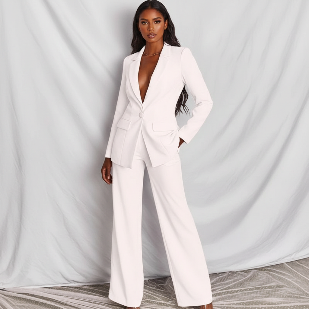 Dames 2-Delig Pak – Elegante Blazer met Wide Leg Pantalon Wit / S - AIDA LENA