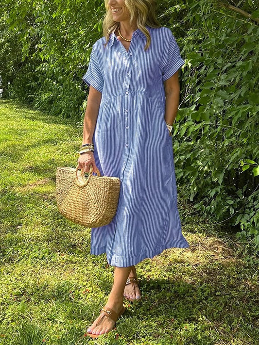 Striped Midi Dress Women's | Button-Front & Gathered Waist