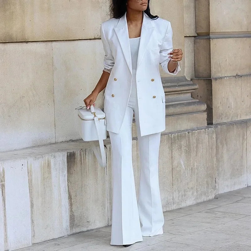 Tailored Double-Breasted Long Blazer and Flared Trousers Set for Women – Elegant Formal Style 0