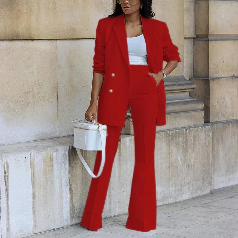 Tailored Double-Breasted Long Blazer and Flared Trousers Set for Women – Elegant Formal Style 1