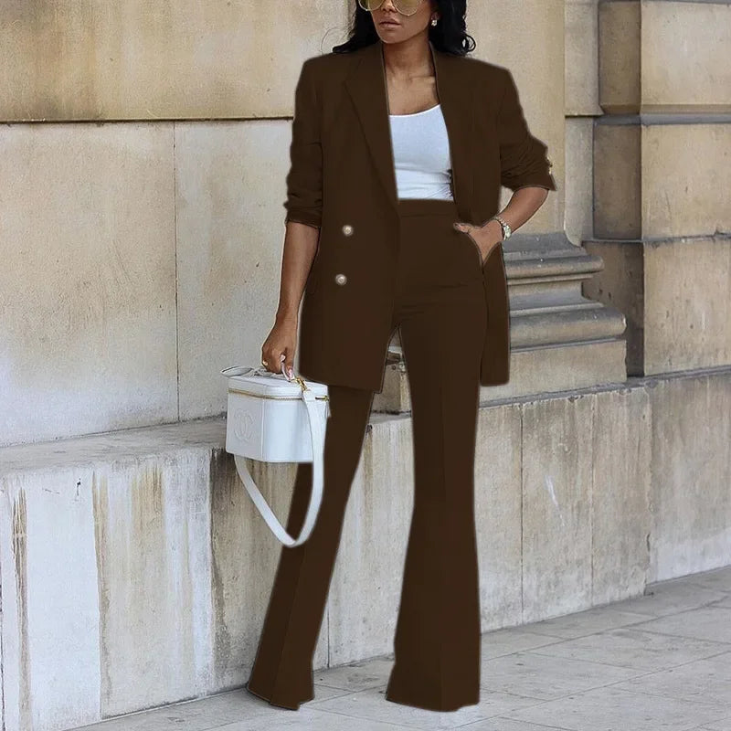 Tailored Double-Breasted Long Blazer and Flared Trousers Set for Women – Elegant Formal Style 2