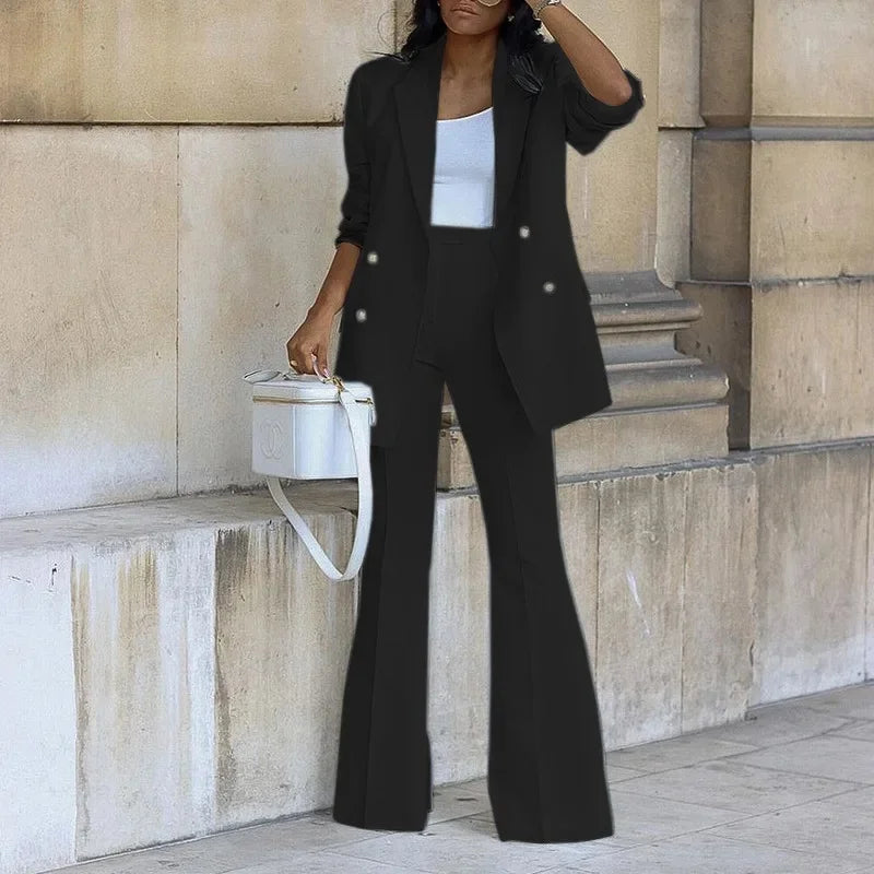 Tailored Double-Breasted Long Blazer and Flared Trousers Set for Women – Elegant Formal Style 3