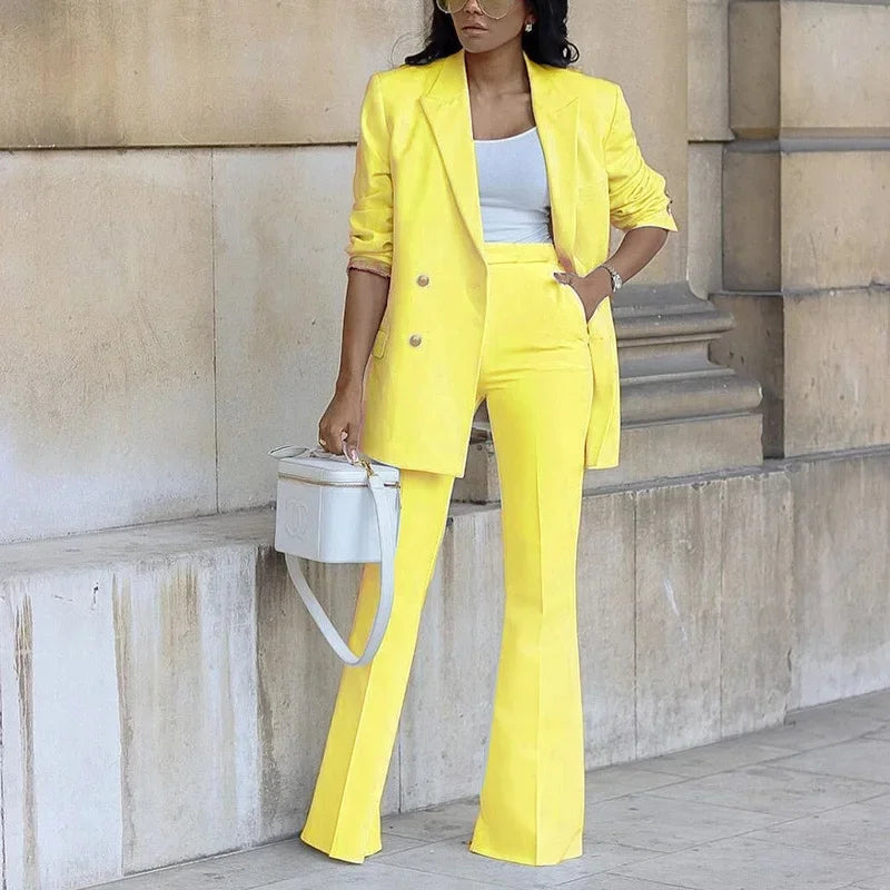 Tailored Double-Breasted Long Blazer and Flared Trousers Set for Women – Elegant Formal Style 4