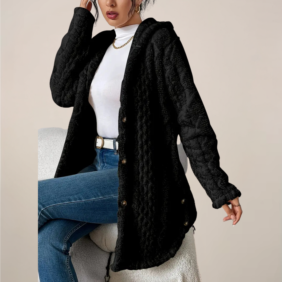 Textured Knit Hooded Cardigan for Winter Wear