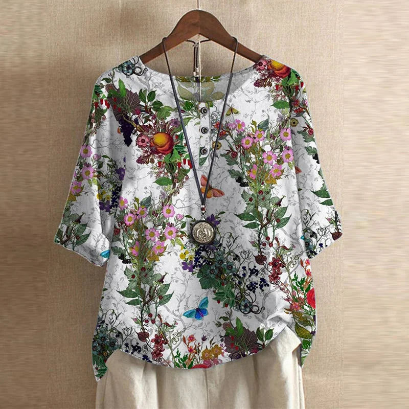 Top Women's | Vintage Floral Print & Relaxed Fit Blouse