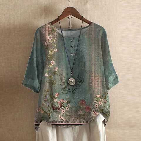Top Women's | Vintage Floral Print & Relaxed Fit Blouse