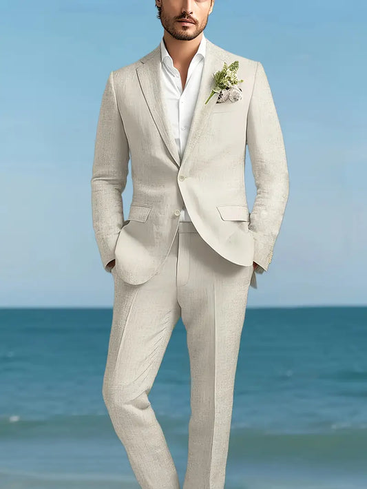 Men's Linen Blend Suit Set - Slim Blazer & Trousers for Formal Events