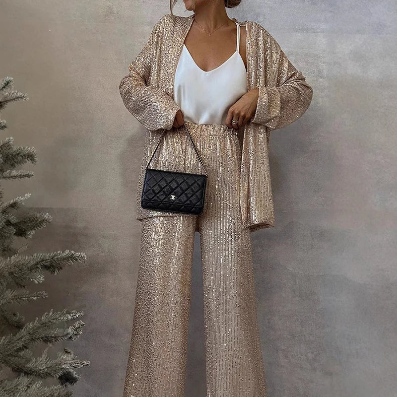 Two-Piece Sequin Set with High-Waisted Pants 0