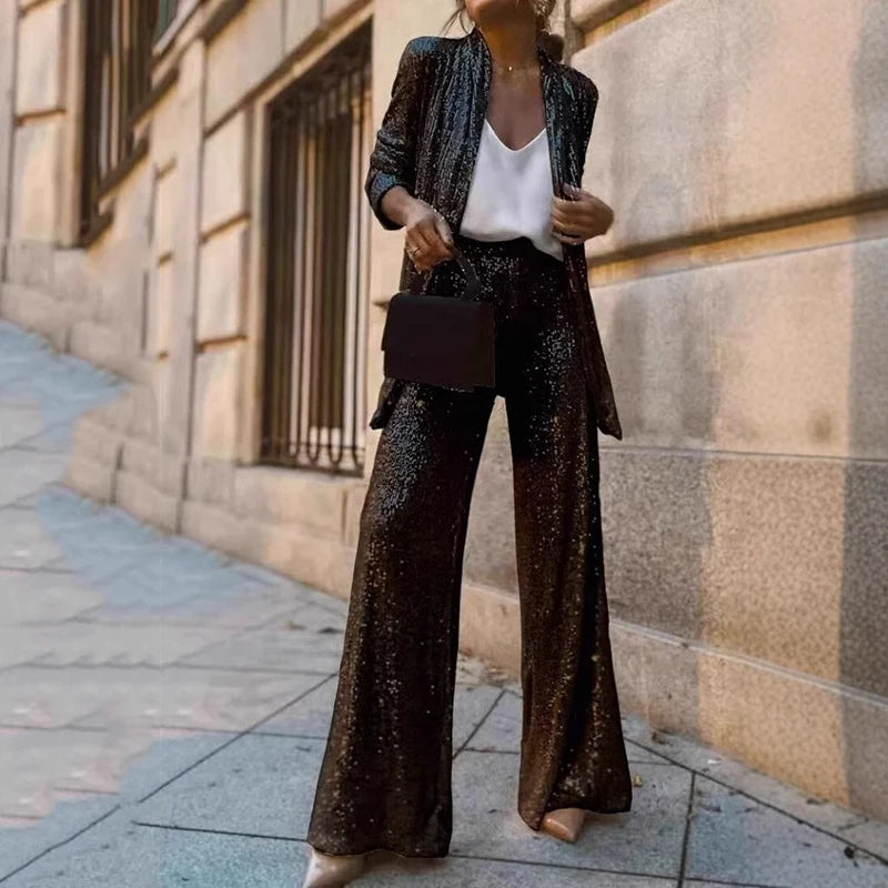 Two-Piece Sequin Set with High-Waisted Pants 1