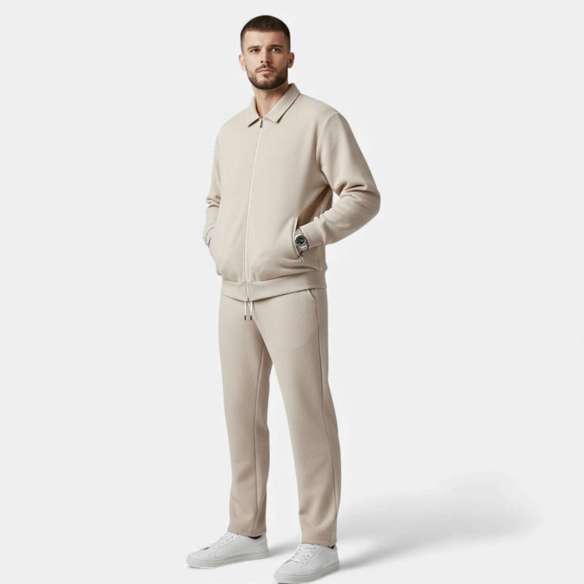 Men's Casual Two Piece Set Waffle Knit Zip Collar with Stretch Fit 2