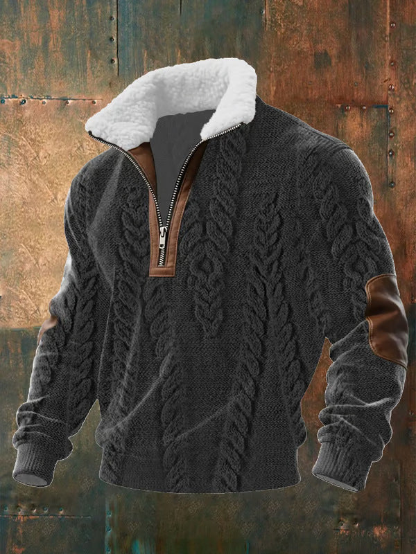 Men's Zip Front Jumper Fur Collar Knit Sweater Pullover 1