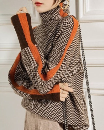 Women's Turtleneck Jumper Geometric Pattern Knit Sweater 3