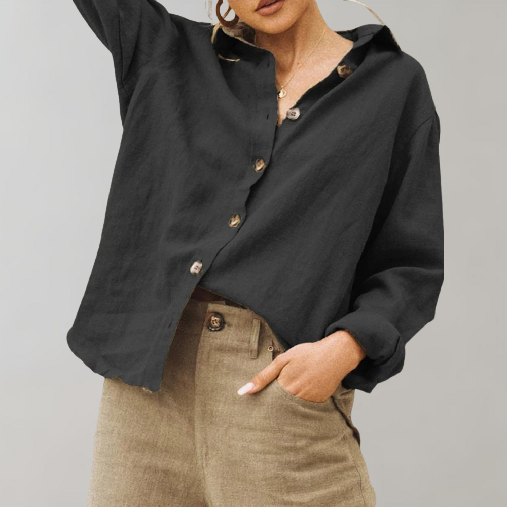 Vintage Linen Blouse for Women with Relaxed Fit and Classic Collar 0
