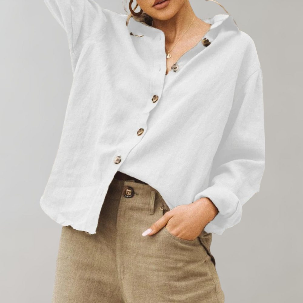 Vintage Linen Blouse for Women with Relaxed Fit and Classic Collar 1