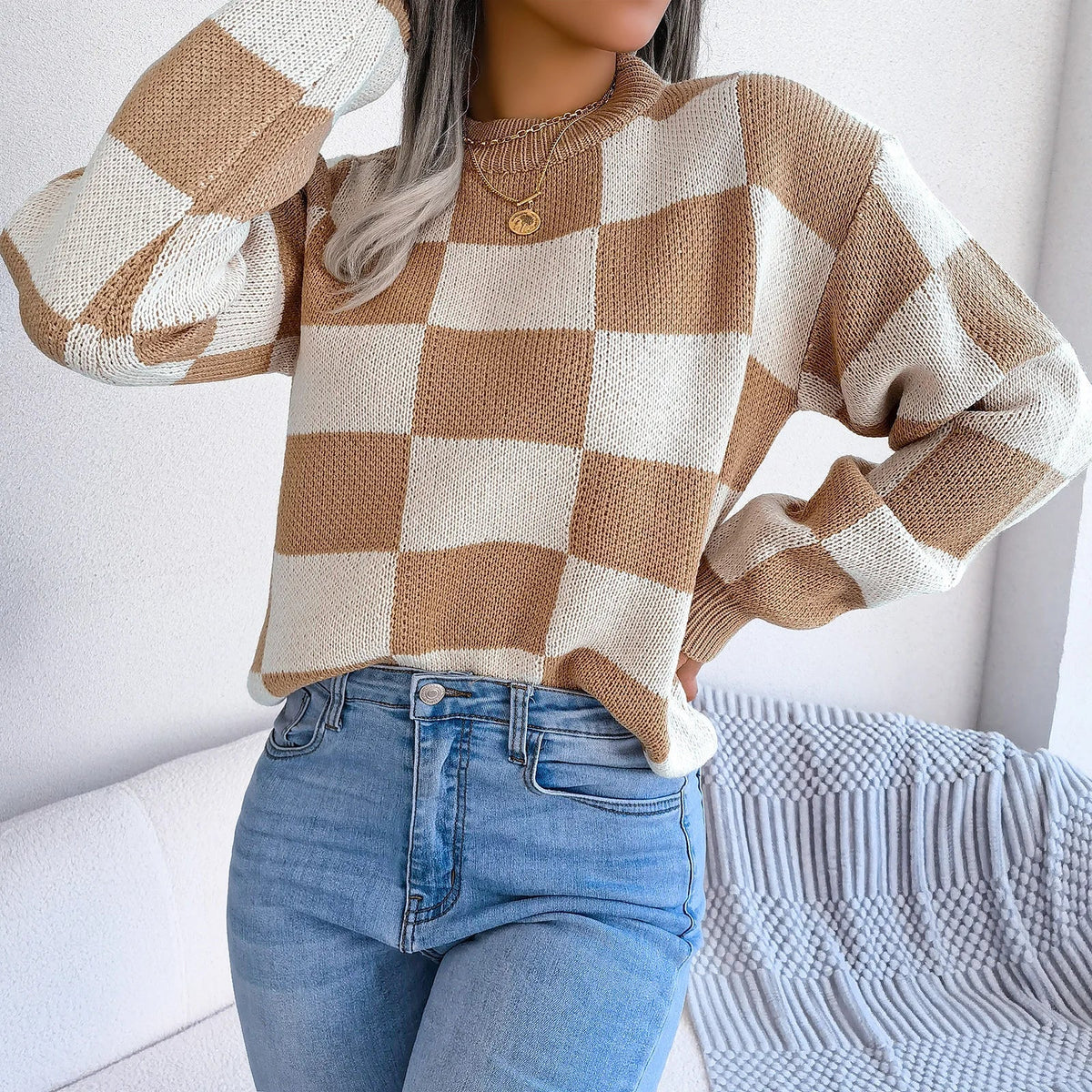 Violet Checkered Knit Sweater for Stylish Occasions