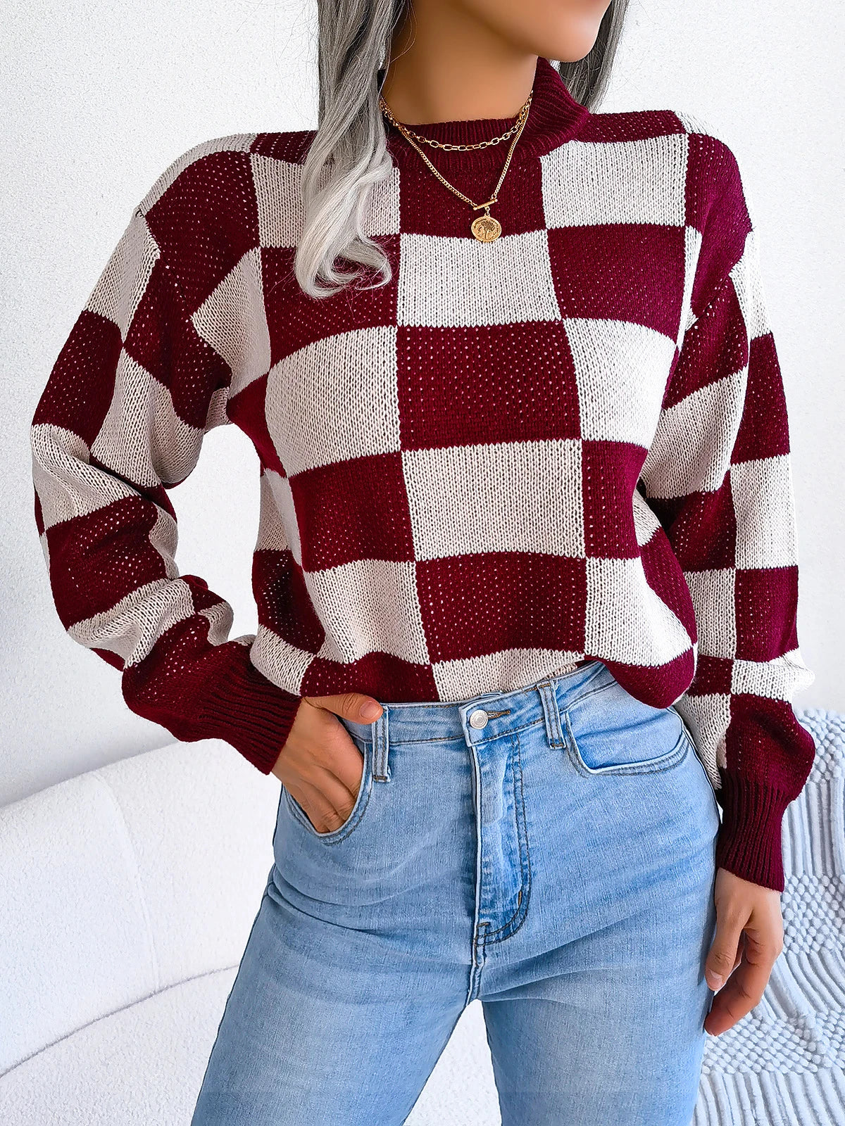 Violet Checkered Knit Sweater for Stylish Occasions