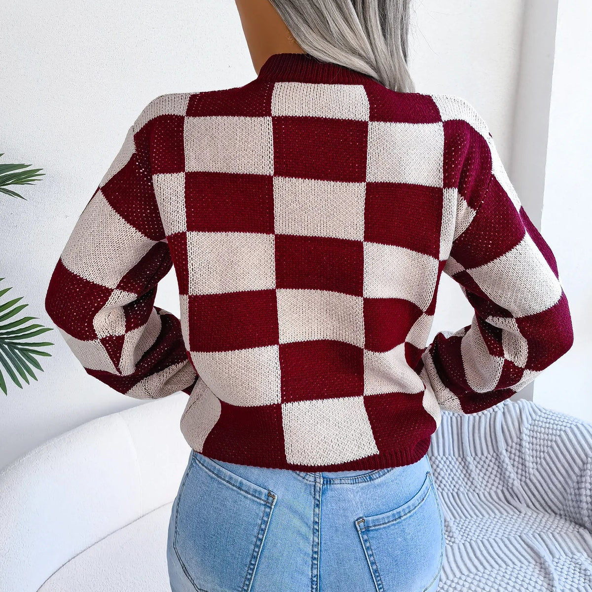 Violet Checkered Knit Sweater for Stylish Occasions