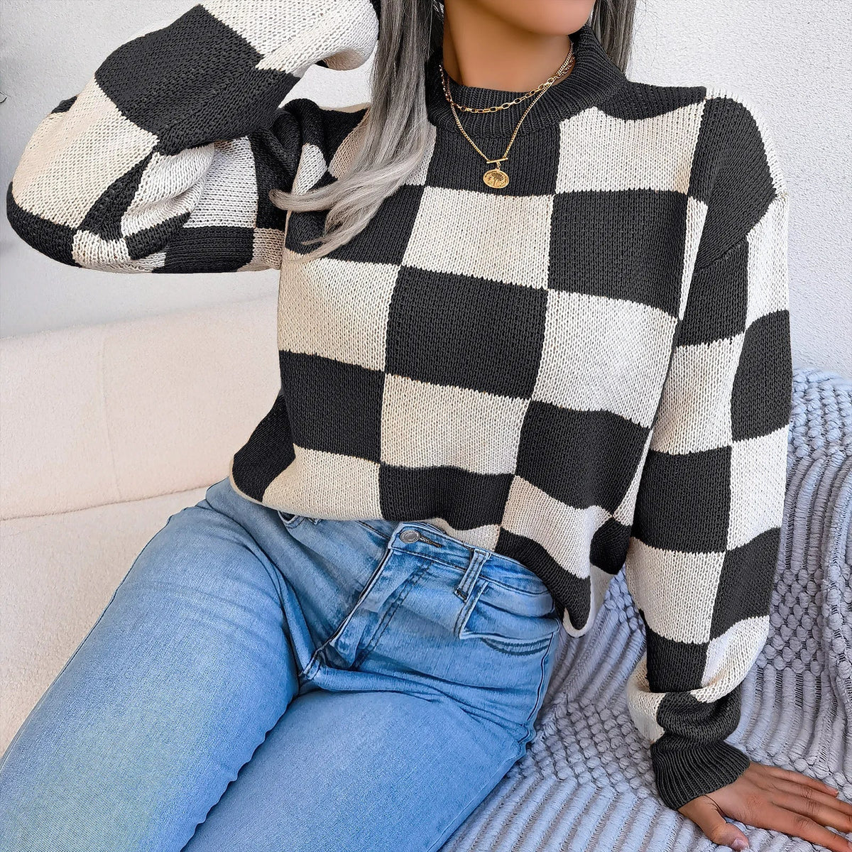 Violet Checkered Knit Sweater for Stylish Occasions