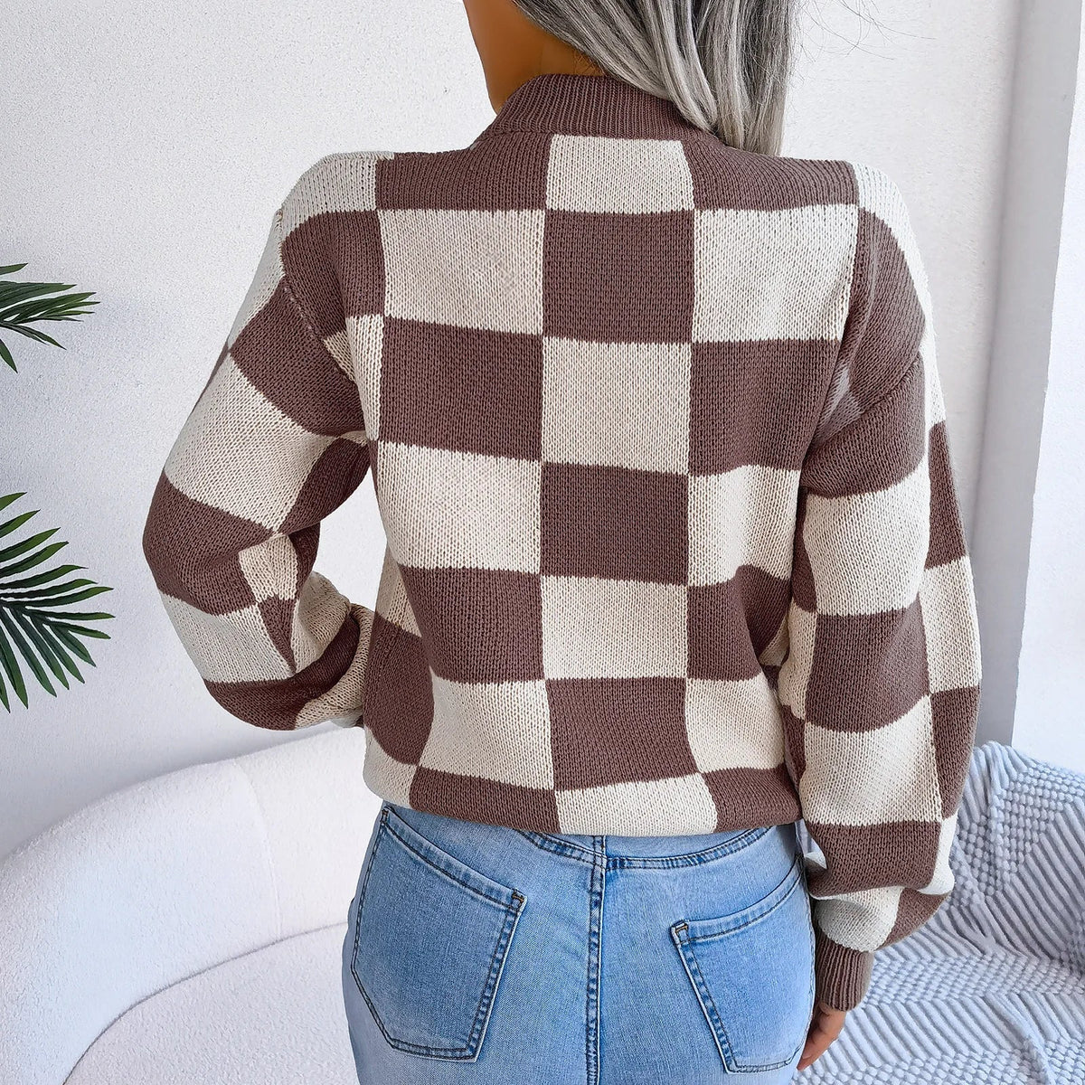 Violet Checkered Knit Sweater for Stylish Occasions