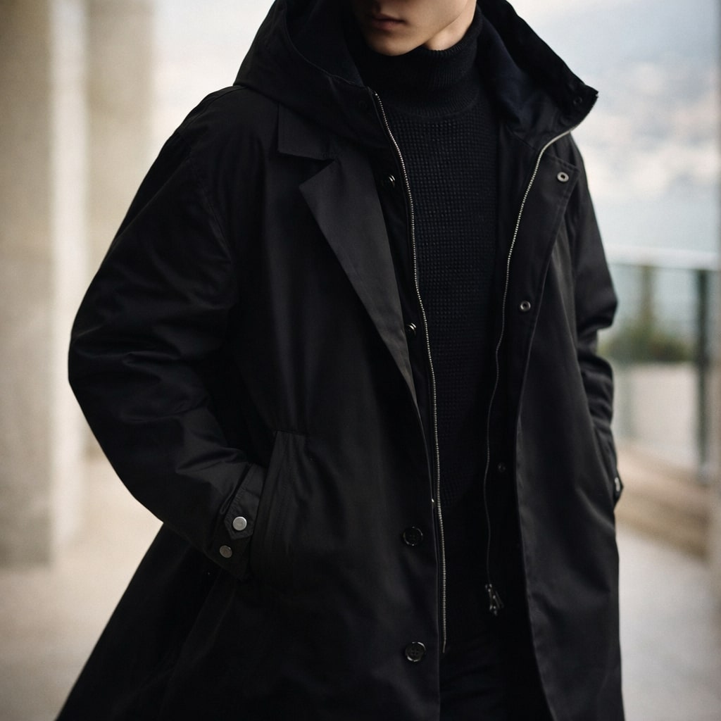 Men's Coat Longline Hooded Double Layer Front with Buttoned Closure 4