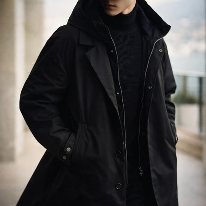 Men's Coat Longline Hooded Double Layer Front with Buttoned Closure 4