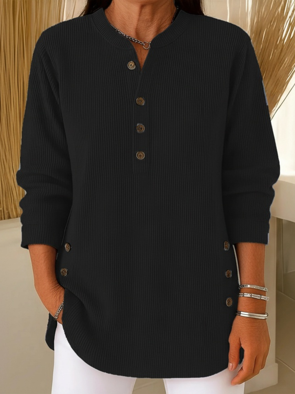 Women's Sweater Button Placket Flowing Cut Long Sleeve with Soft Knit 5